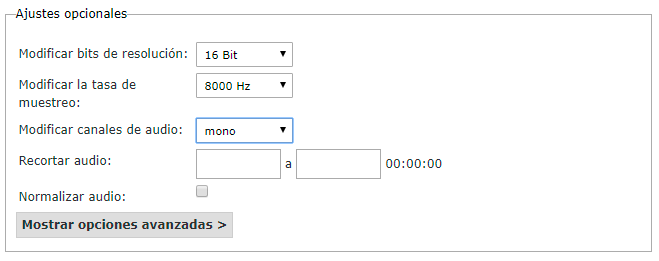 Seleccionar opciones para convertir a wav