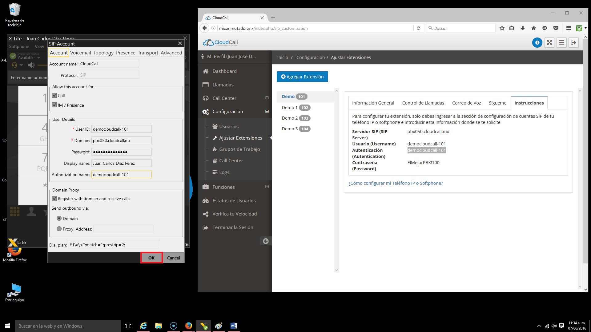 Seleccionar la opción OK para finalizar la configuración en X-Lite