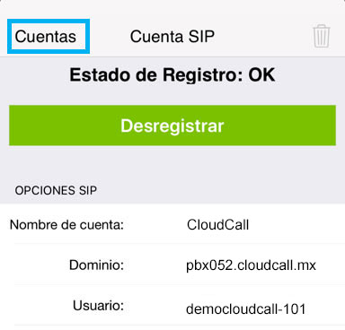 Estado de registro OK en Zoiper para iPhone