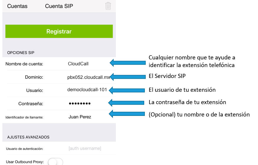 Ingresar datos SIP para configurar Zoiper en iPhone