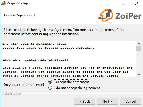 Aceptar terminos de uso en Zoiper para Windows