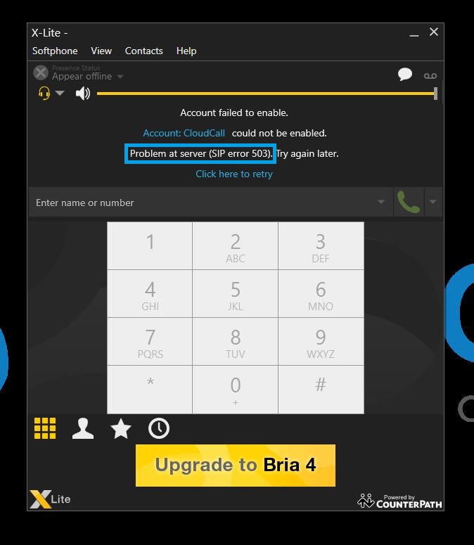 Problem at server (SIP Error 503) en X-Lite