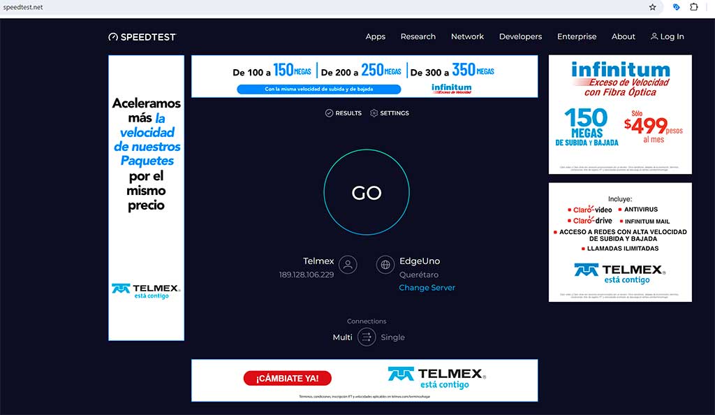 Página principal de SpeedTest.net